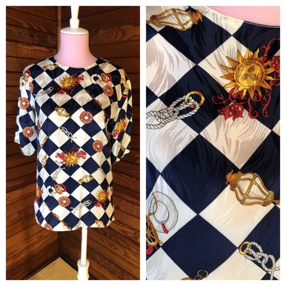 Silk Blouse, Satin Blouse, Nautical Print Blouse, Versace Inspired Small S